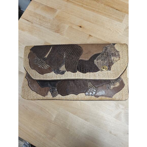 Carlo Fiori Vintage Envelope Straw & Snakeskin Clutch W/ Snap Closure - Picture 1 of 12